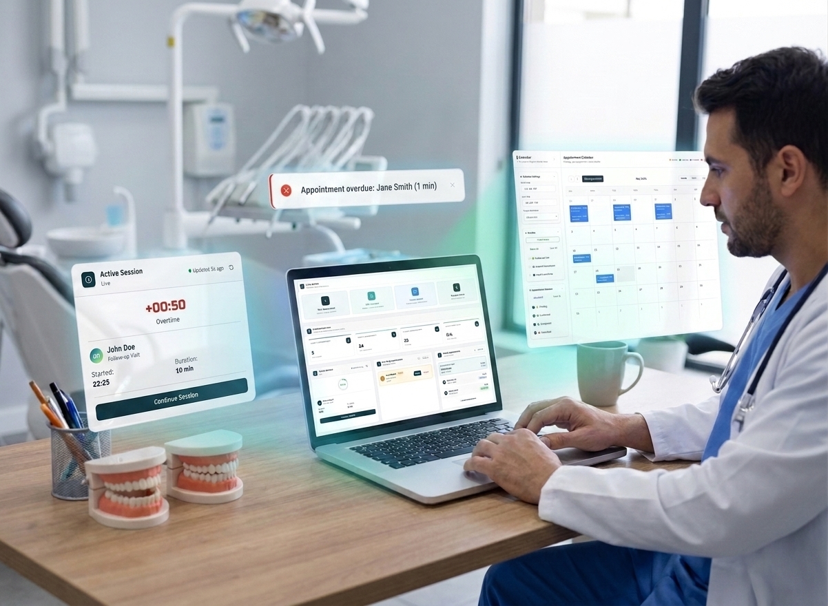 DALTECH provider dashboard with quick actions, business metrics, active session timer, and appointment overview